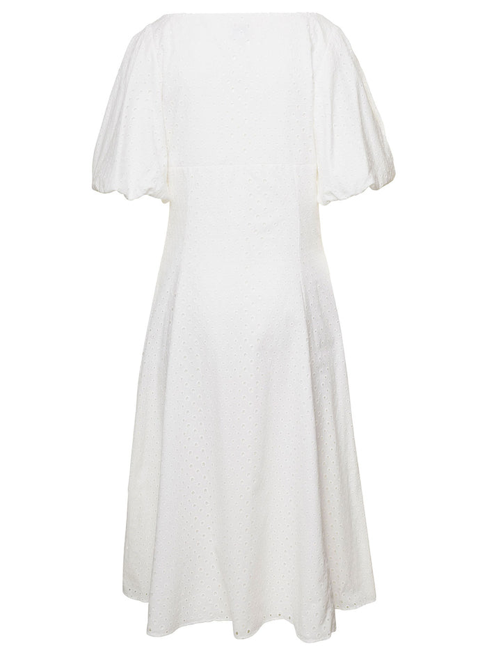 White Puff Sleeve Embroidered Midi Dress Cotton Woman