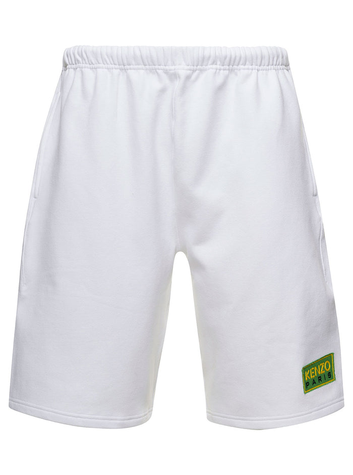 White Bermuda Shorts With Logo Patch Cotton Man Elastan And