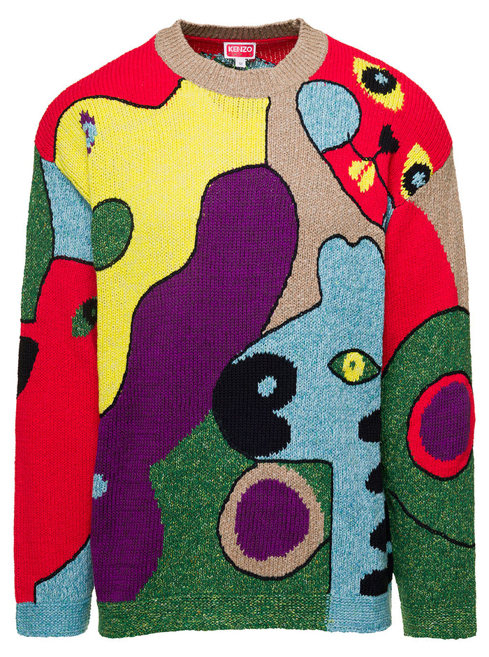Multicolor Crew Neck Knitted Jumper With Graphic Print All-Over Cotton Blend Man Jersey