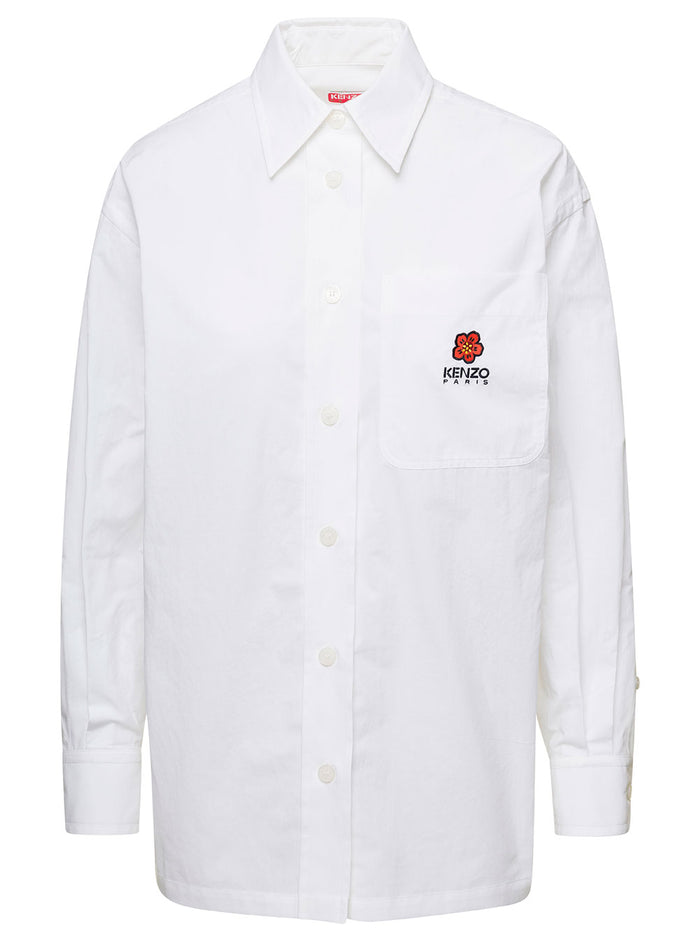 White Shirt With Patch Pocket And Boke Flower Logo On The Chest Woman Cotton Blouses
