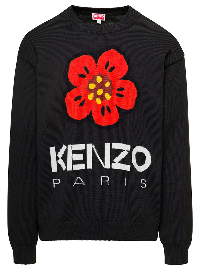 Black Crewneck Jumper With Logo And Boke Flower On The Chest Cotton Man Jersey