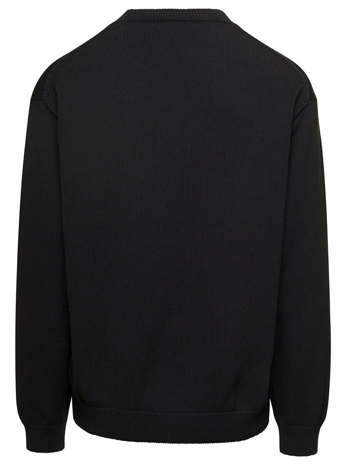 Black Crewneck Jumper With Logo And Boke Flower On The Chest Cotton Man Jersey