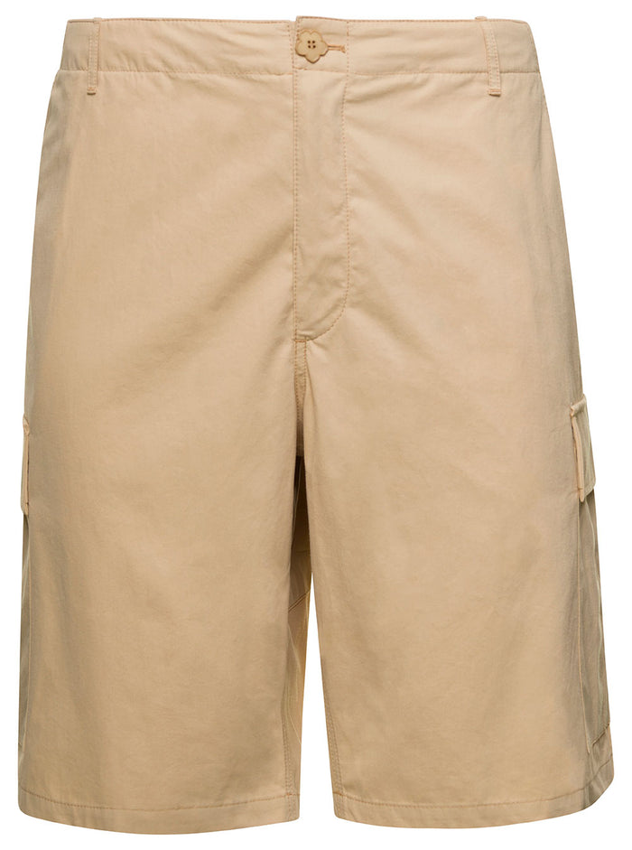 Beige Cargo Shorts With Logo Patch Cotton Man And Bermuda