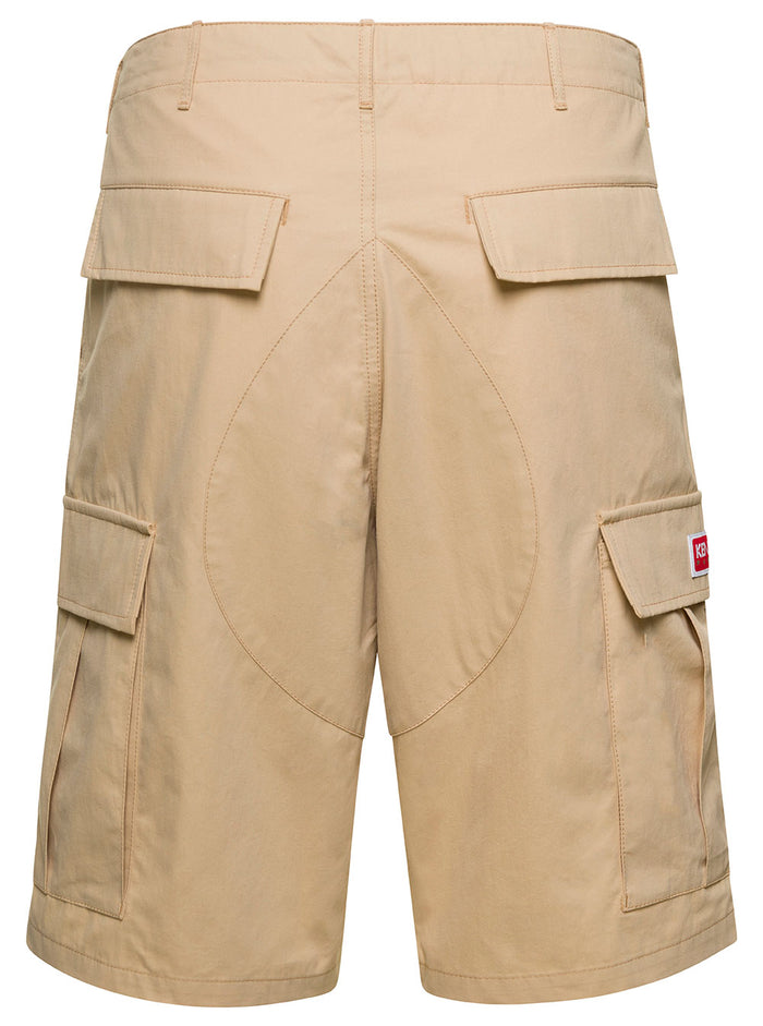 Beige Cargo Shorts With Logo Patch Cotton Man And Bermuda