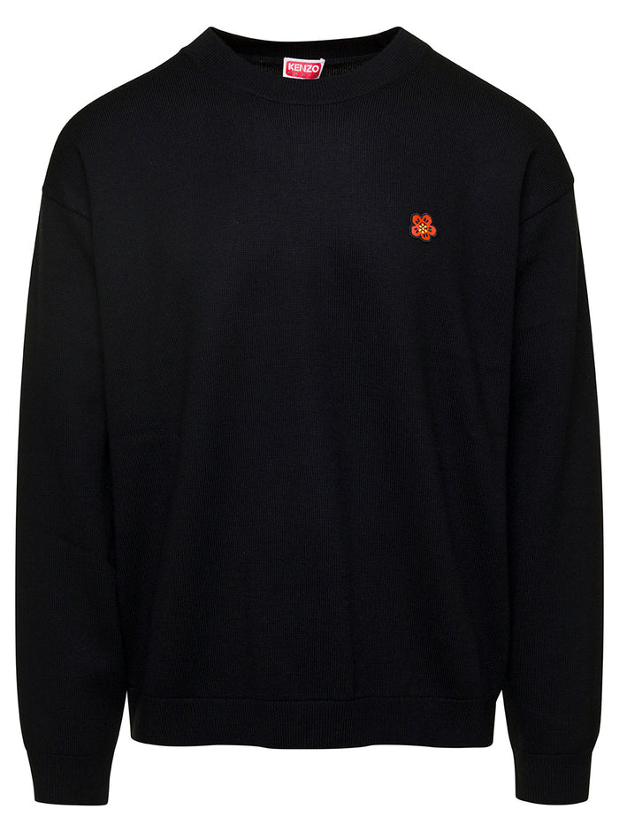 Black Knit Jumper With Boke Flower Logo Patch On The Chest Wool Man Jersey