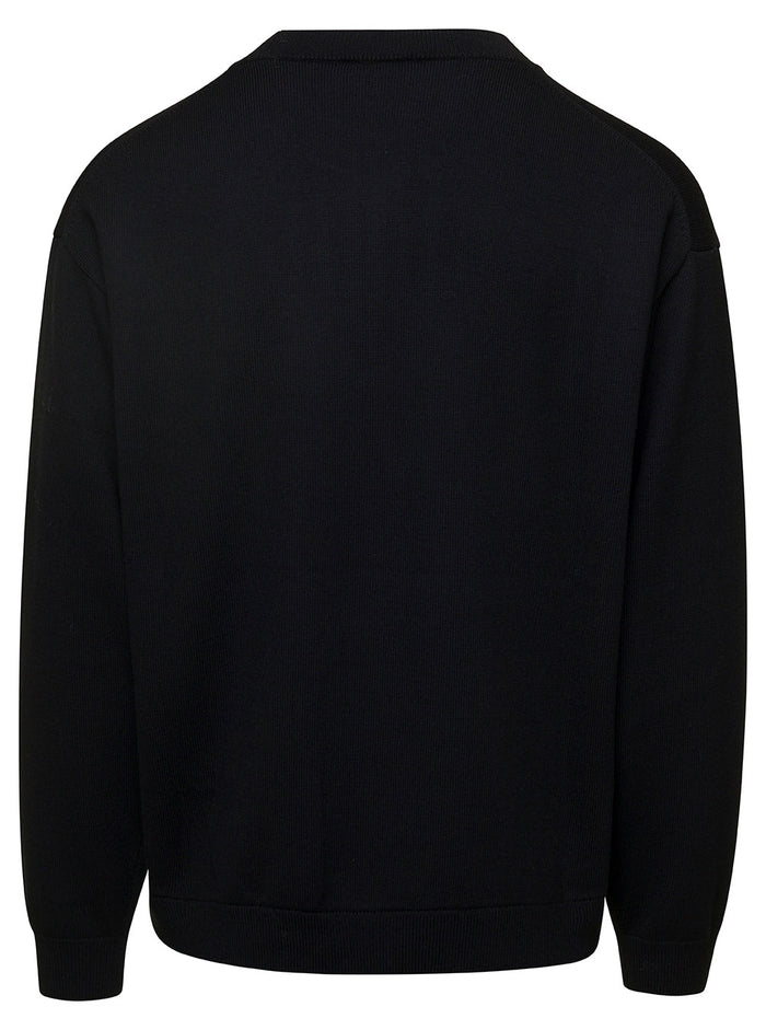Black Knit Jumper With Boke Flower Logo Patch On The Chest Wool Man Jersey