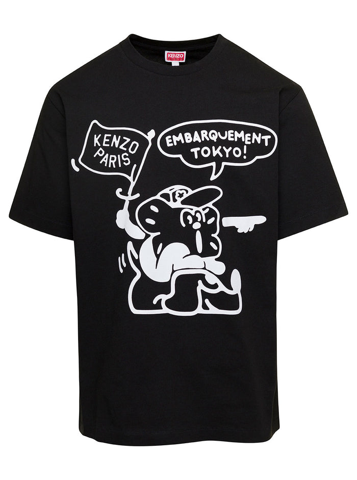 Black Crew Neck T-Shirt With Graphic Print On The Chest And Back Cotton Man Tshirts Polo Shirts