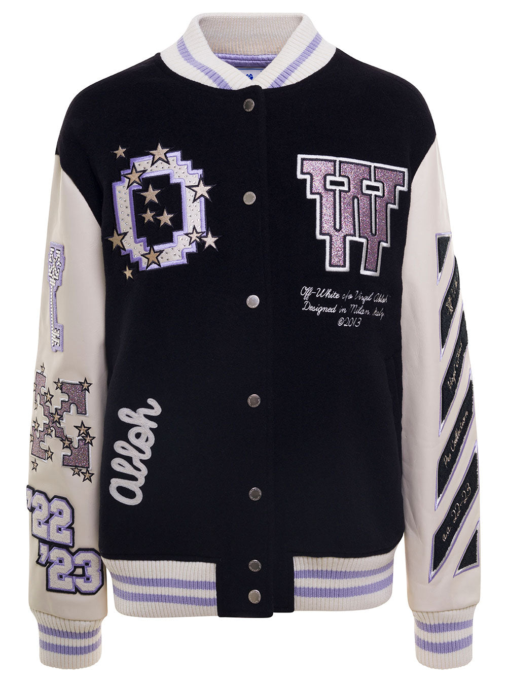 Black And White Varsity Jacket With Embroidered Logo Patch Wool Blend Woman