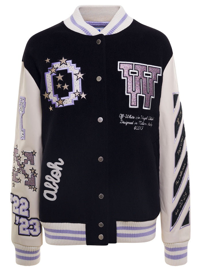 Black And White Varsity Jacket With Embroidered Logo Patch Wool Blend Woman