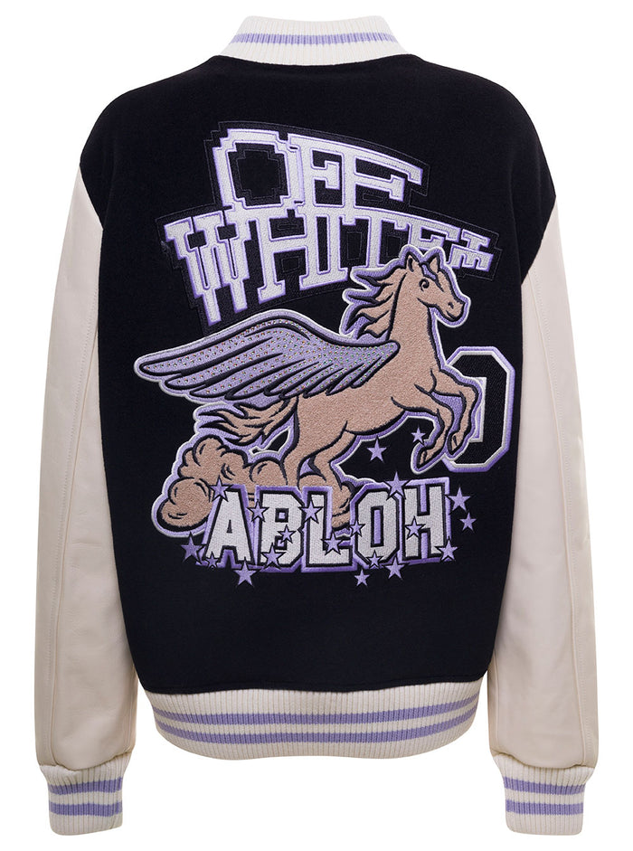 Black And White Varsity Jacket With Embroidered Logo Patch Wool Blend Woman