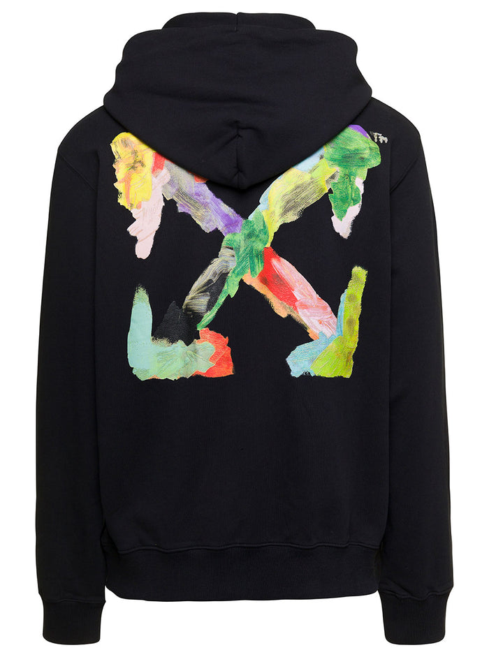 Black Hoodie With Brush Arrow Motif At The Back Cotton Man Sweatshirts