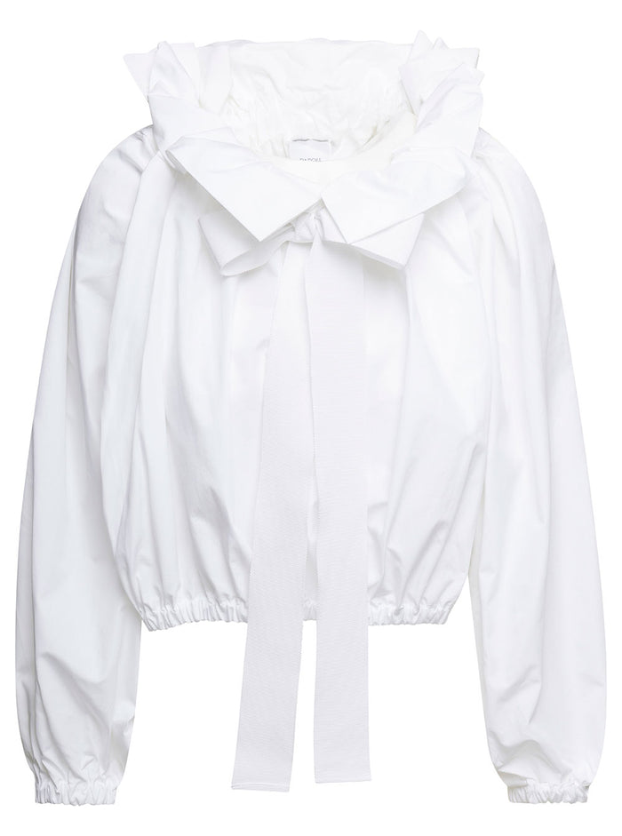 White Cropped Blouse With Long Puff Sleeves Cotton Woman Shirts And Blouses