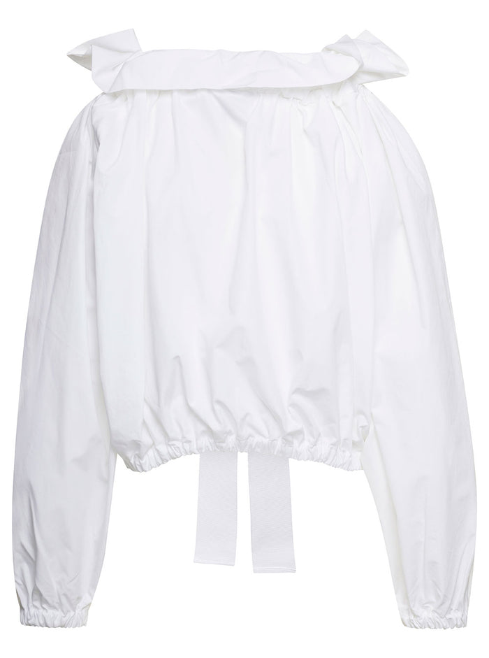 White Cropped Blouse With Long Puff Sleeves Cotton Woman Shirts And Blouses