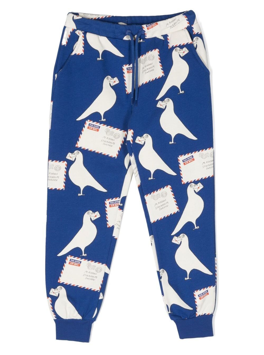Blue Sweatpants With Drawsrting And All-Over Pigeons Print Cotton Boy Blu Organic Trousers