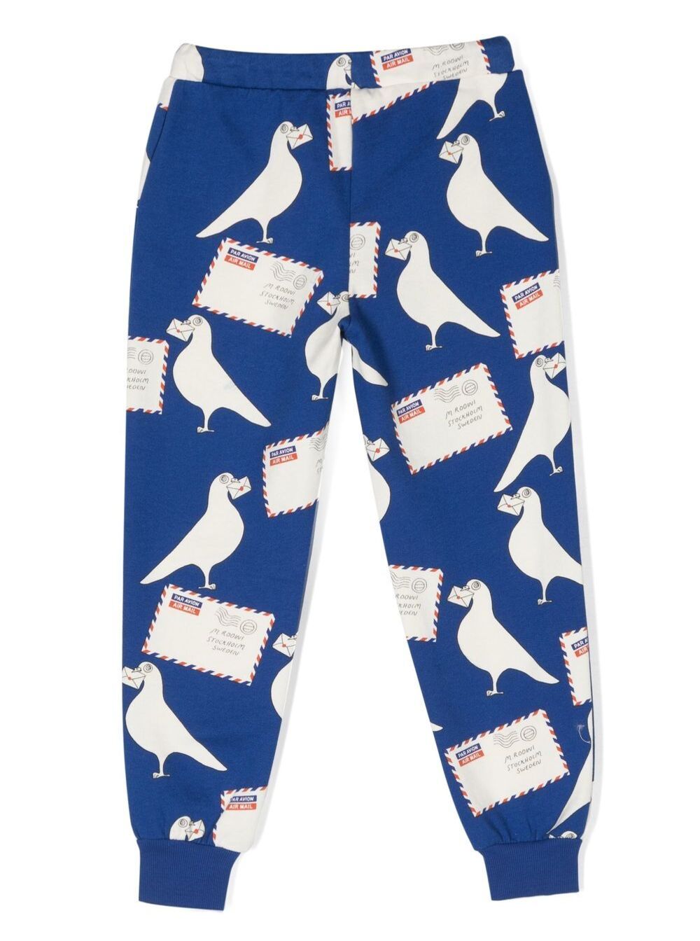 Blue Sweatpants With Drawsrting And All-Over Pigeons Print Cotton Boy Blu Organic Trousers