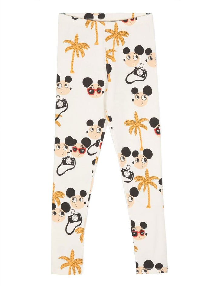 White Leggings With Mice And Palms Print Cotton Girl Organic Elastane Trousers