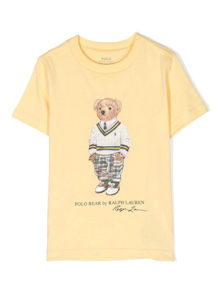 Yellow Crewneck T-Shirt With Teddy Bear Print Cotton Boy Tshirts And Polo Shirts