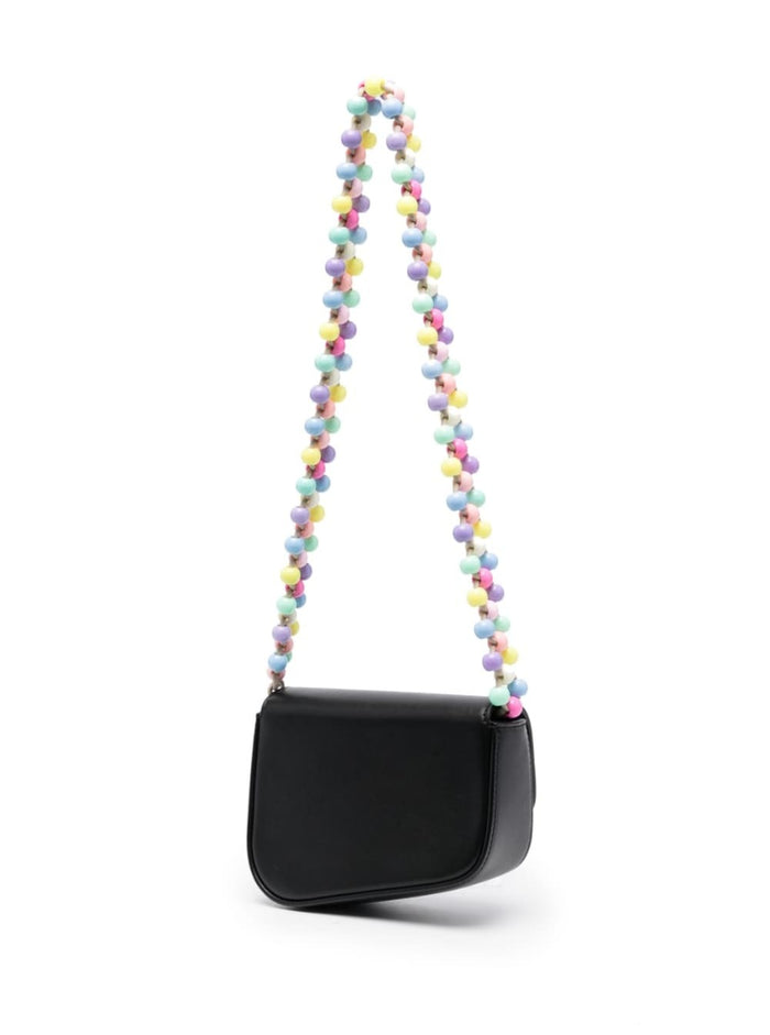 Mini Crash Beads Embellished Shoulder Bag Black Leather Woman Crossbody