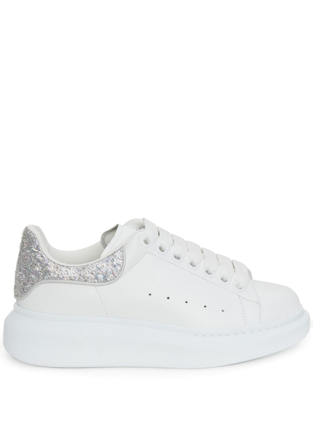 White Sneakers With Platform And Glittery Heel Tab Leather Woman Calf