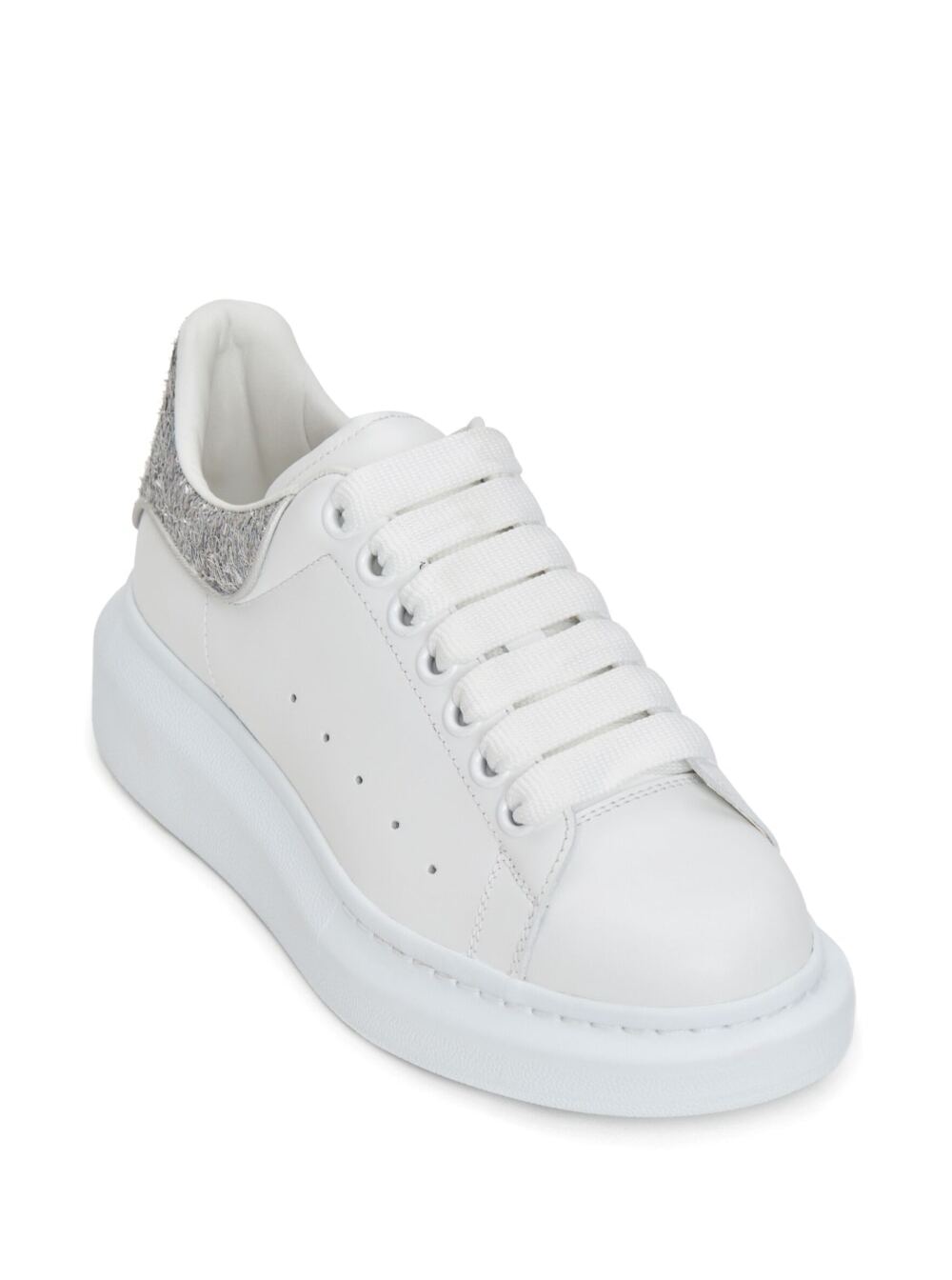White Sneakers With Platform And Glittery Heel Tab Leather Woman Calf