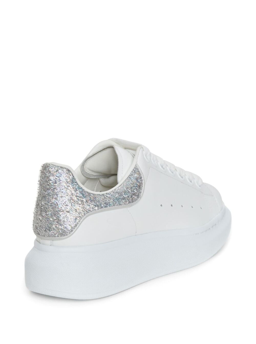 White Sneakers With Platform And Glittery Heel Tab Leather Woman Calf