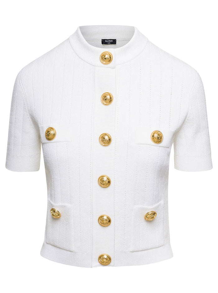 White Crewneck Cardigan With Gold Tone Buttons Viscose Woman Polyester Jersey