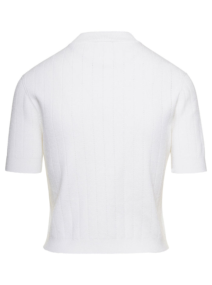 White Crewneck Cardigan With Gold Tone Buttons Viscose Woman Polyester Jersey