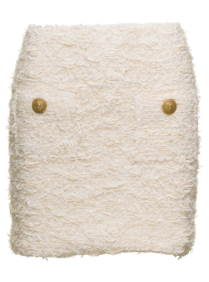 White Tweed High-Waisted Miniskirt With Pockets Cotton Blend Woman Skirt