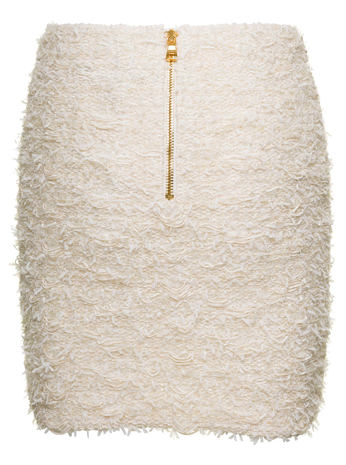 White Tweed High-Waisted Miniskirt With Pockets Cotton Blend Woman Skirt