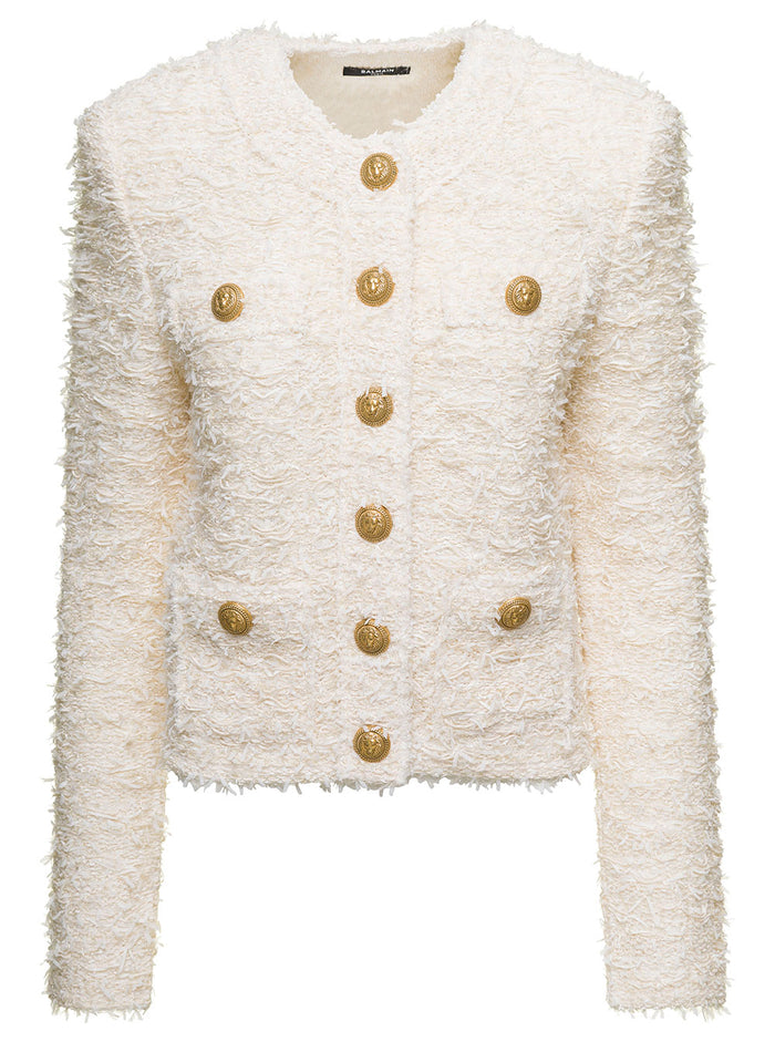 White Tweed Blazer With Golden Buttons Cotton Blend Woman Blazers