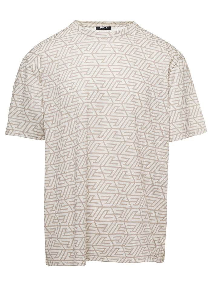 Whitet-Shirt With Monogram Logo Print All-Over Cotton Man Beige Tshirts And Polo Shirts