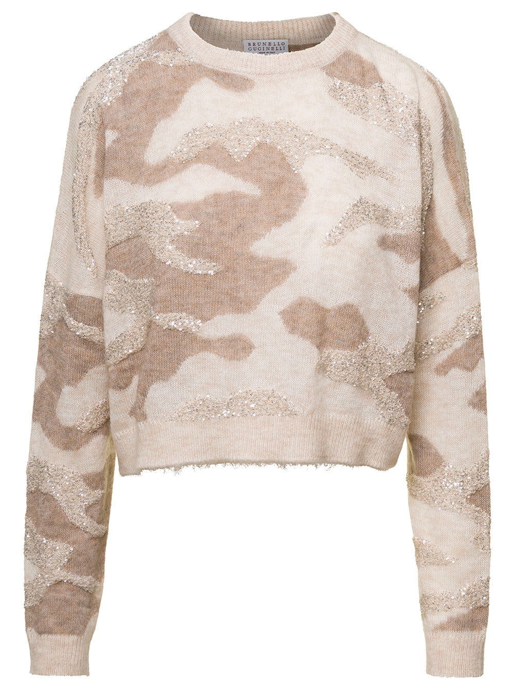 Beige Camouflage Intarsia Jumper With Sequins Mohair Blend Woman Jersey