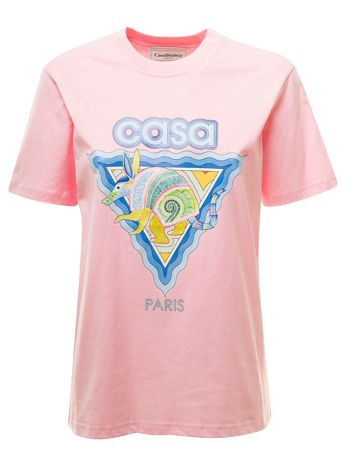 Pink Crewneck T-Shirt With Logo And Armadillo Print Cotton Woman Organic Tshirts Polo Shirts