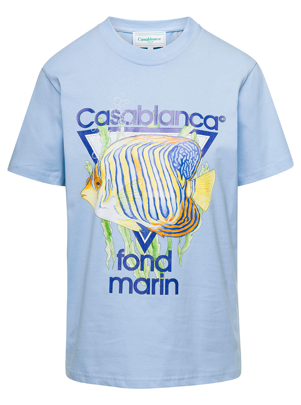 Light-Blue Crewneck T-Shirt With Fond Marin Print On The Chest Cotton Woman Light Blue Organic Tshirts And Polo Shirts