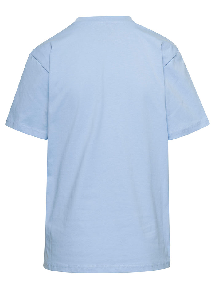 Light-Blue Crewneck T-Shirt With Fond Marin Print On The Chest Cotton Woman Light Blue Organic Tshirts And Polo Shirts
