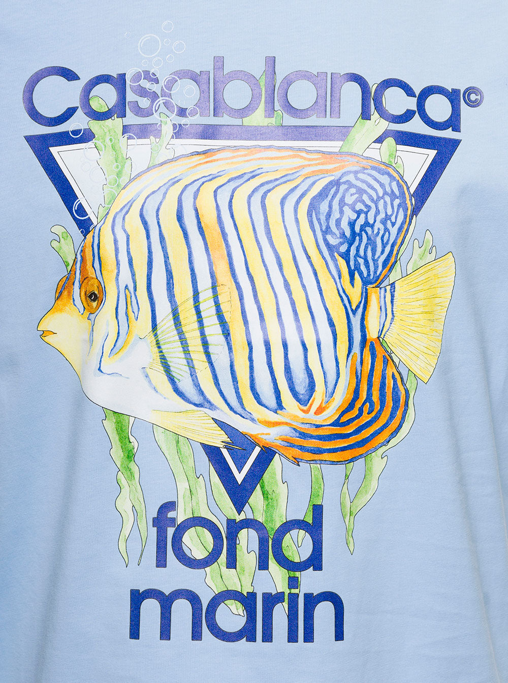Light-Blue Crewneck T-Shirt With Fond Marin Print On The Chest Cotton Woman Light Blue Organic Tshirts And Polo Shirts