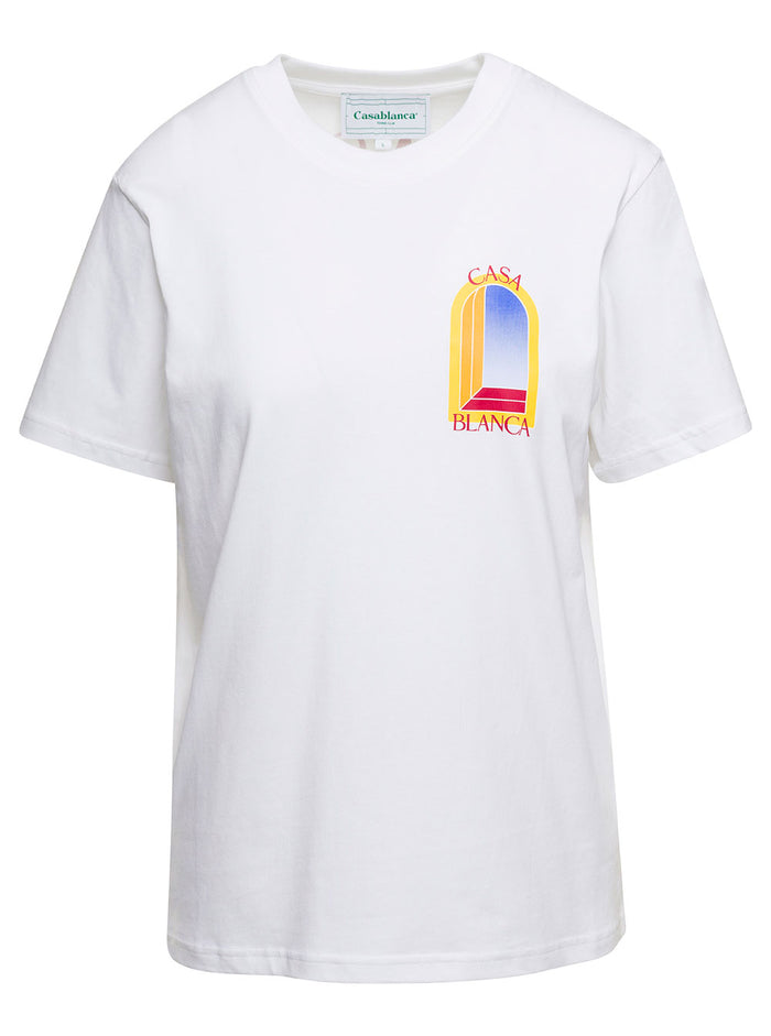 White Crewneck T-Shirt With Larche De Jour Print Cotton Woman Organic Tshirts And Polo Shirts