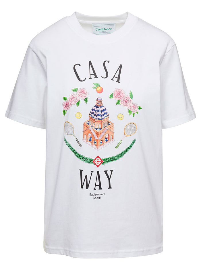 White Crewneck T-Shirt With Casa Way Print On The Chest Cotton Woman Organic Tshirts And Polo Shirts