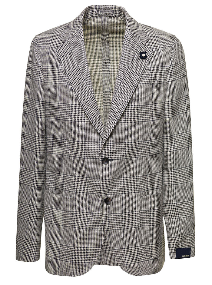 Grey Single-Breasted Prince Of Wales Check Jacket With Iconic Pin Wool And Silk Man Blazers