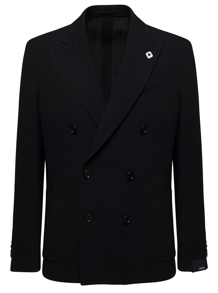 Black Double-Breasted Jacket With Detachable Pin Cotton And Wool Blend Man Blazers