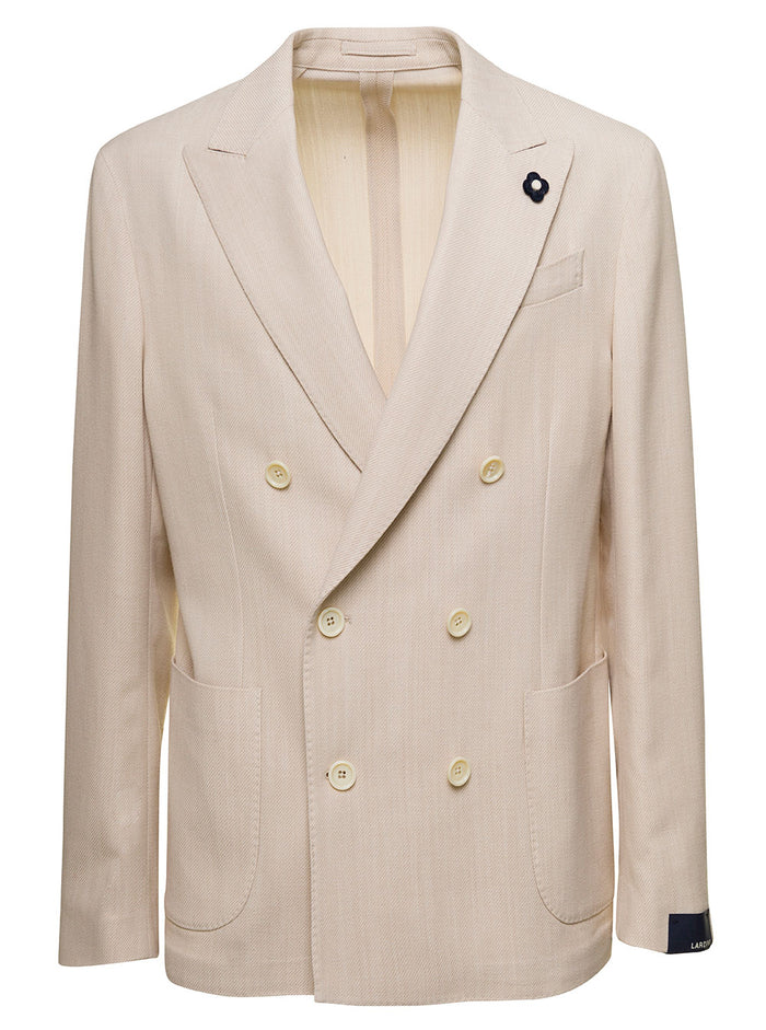 Beige Double-Breasted Jacket With Detachable Pin Cotton And Wool Blend Man Blazers