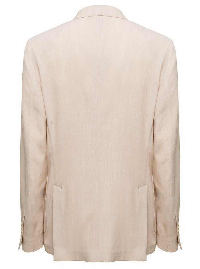 Beige Double-Breasted Jacket With Detachable Pin Cotton And Wool Blend Man Blazers