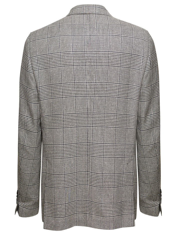 Grey Single-Breasted Prince Of Wales Check Jacket With Iconic Pin Wool And Silk Man Blazers
