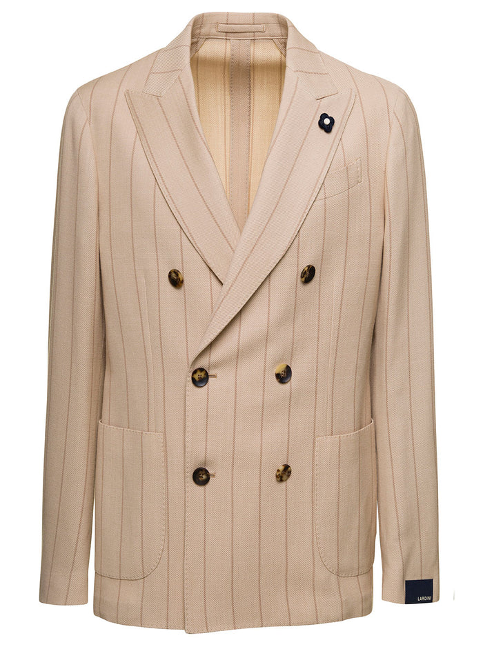 Beige Double-Breasted Striped Jacket With Signature Pin Wool Blend Man Blazers