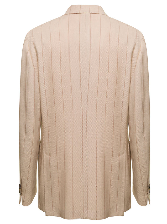 Beige Double-Breasted Striped Jacket With Signature Pin Wool Blend Man Blazers