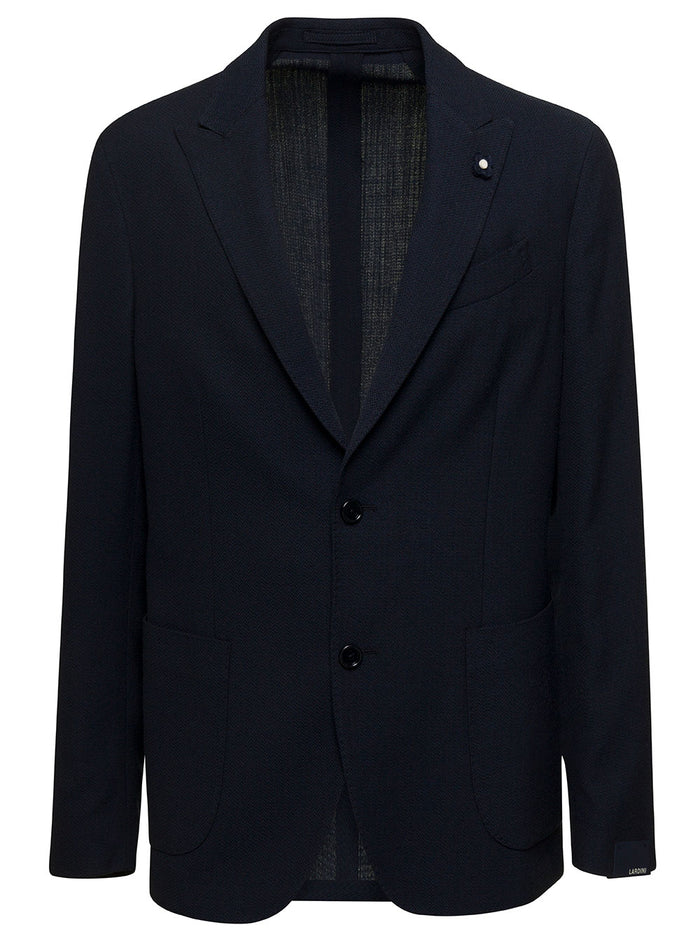 Blue Single-Breasted Herringbone Knit Jacket Wool Blend Man Blu Blazers