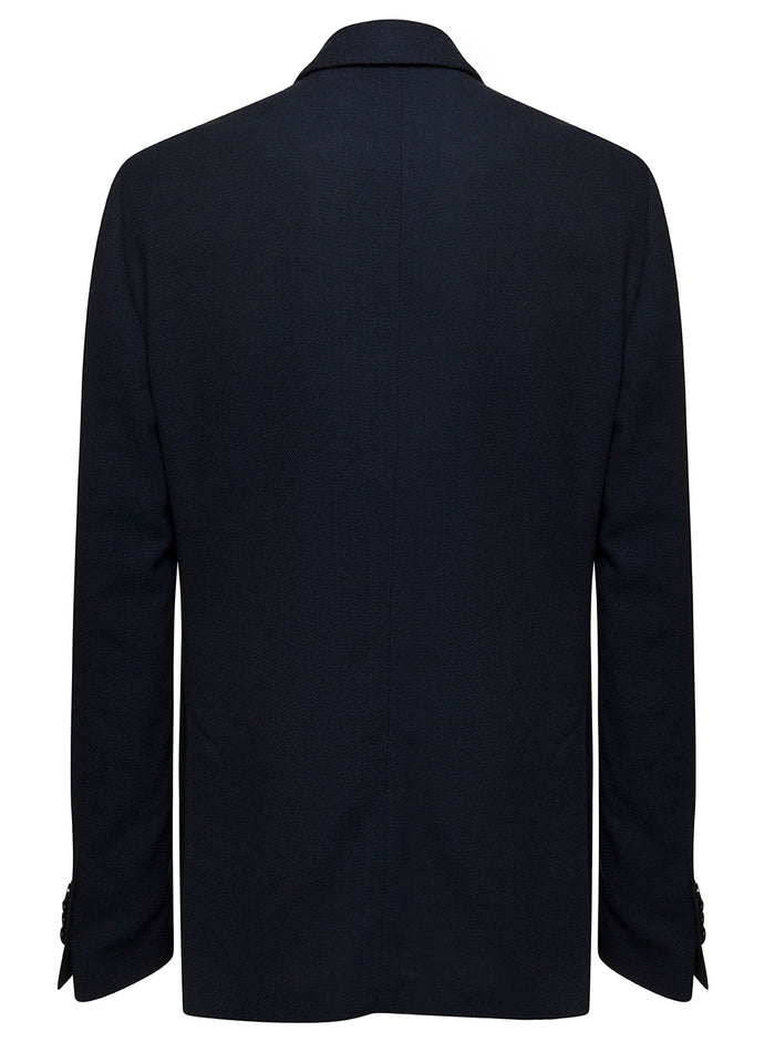 Blue Single-Breasted Herringbone Knit Jacket Wool Blend Man Blu Blazers