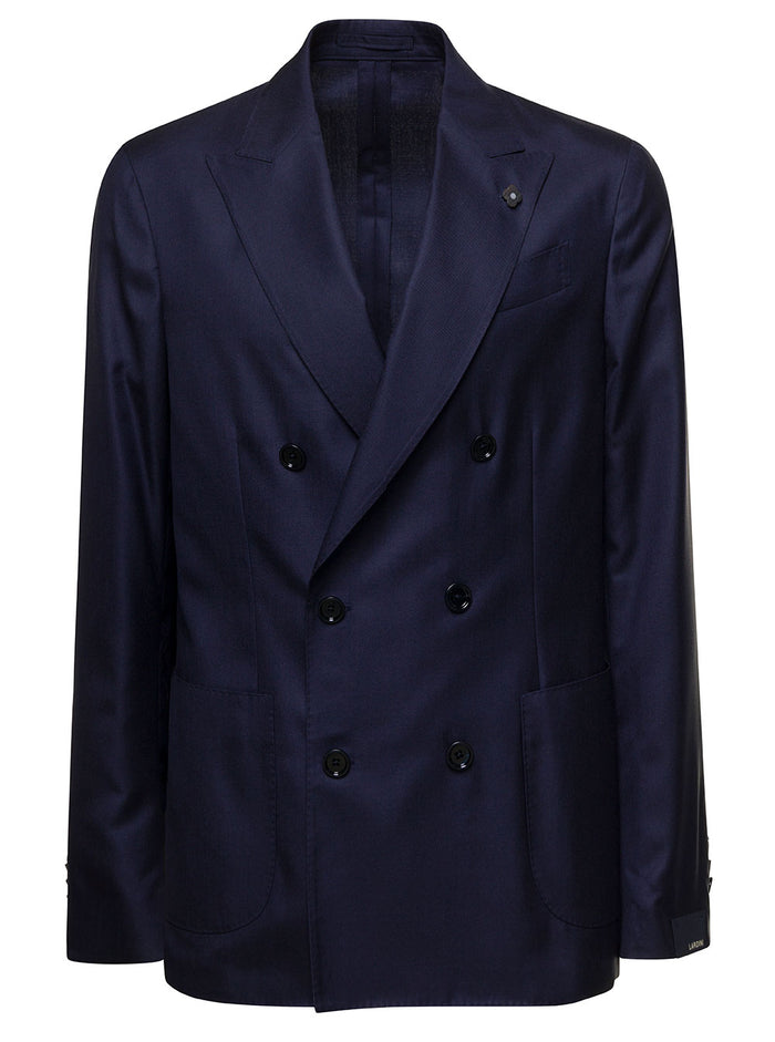 Blue Double-Breasted Jacket With Signature Pin Cashmere And Silk Man Blu Blazers