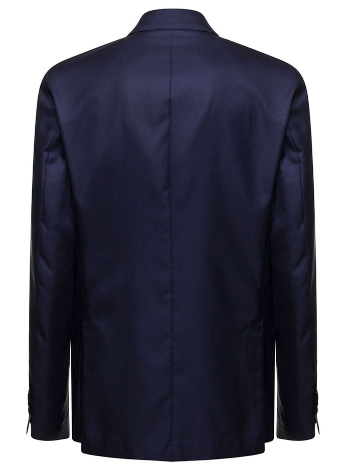 Blue Double-Breasted Jacket With Signature Pin Cashmere And Silk Man Blu Blazers