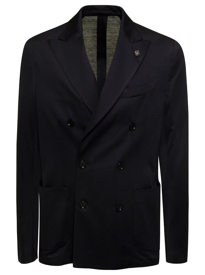 Black Double-Breasted Jacket With Tonal Buttons And Signature Pin Silk Cotton Man Blazers
